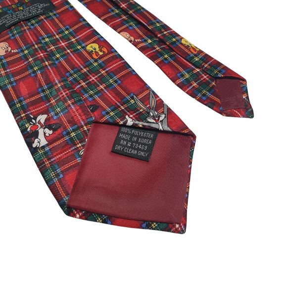 Looney Tunes Men Vintage 1993 Tartan Plaid Necktie Taz Bugs Daffy Porky Tweety - Picture 5 of 5